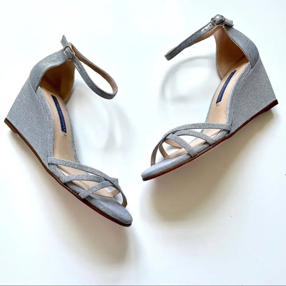 NEW Stuart Weitzman Silver Glitter Wedge Size 4